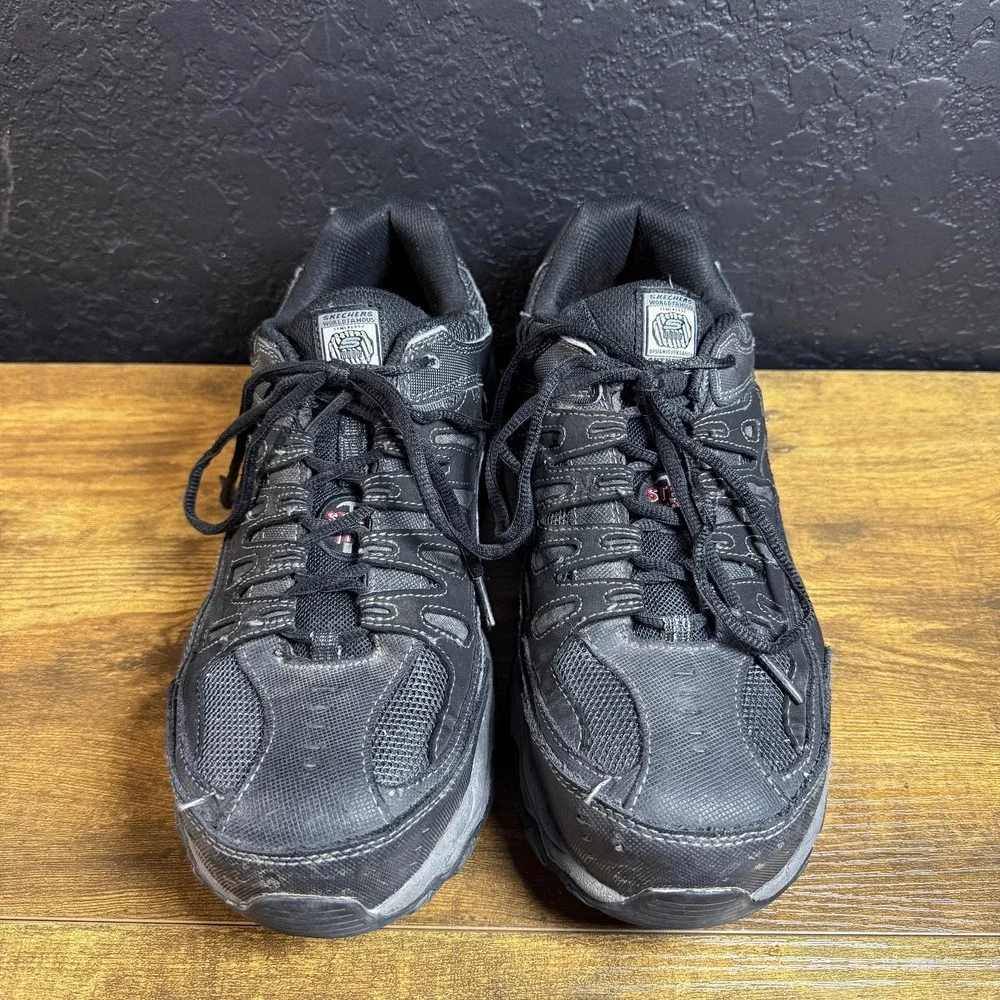 Skechers Blais 77055W Black Leather Steel Toe Work Safety Shoes Mens 10.5 Wide